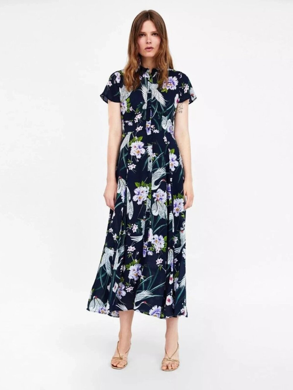 Zara Navy Crane Print Button Down Dress